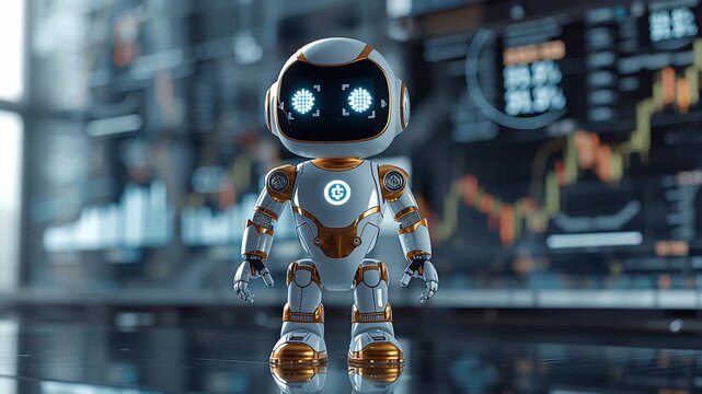 Smileeyed toy automaton presenting financial indicators on vibrant