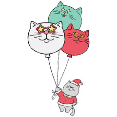 christmas Playful cats with balloons in a whimsical illustration.