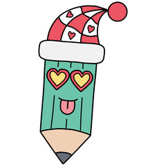 christmas Cute pencil character with festive hat and heart-shaped eyes.