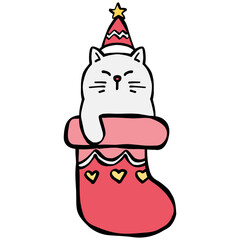christmas A cute cat in a Christmas stocking wearing a party hat.