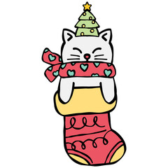 christmas Festive cat in a Christmas stocking with a holiday hat.
