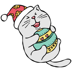 christmas Festive cat joyfully holding a decorated ornament.