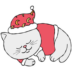 christmas Sleeping santa cat in a festive hat and outfit, looking cozy.