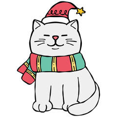 christmas Festive cat wearing a Christmas hat and scarf, smiling happily.