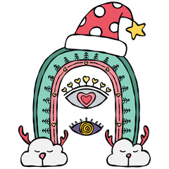 boho christmas Colorful rainbow design with whimsical elements and festive hat.