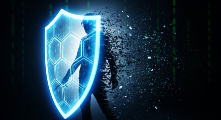 Silhouette of person dissolving into digital particles behind glowing blue shield abstract background