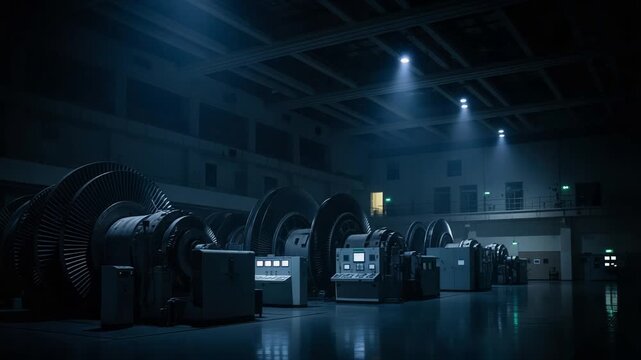 Quiet turbine bay illuminated by azure lighting with massive machinery