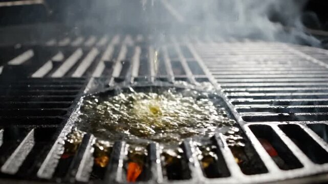 Pouring Liquid on Grill - A Close-Up of Splashing and Sizzling.
