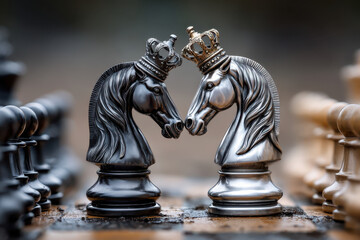 Unique chess pieces in close-up featuring elegant knight designs and royal crowns