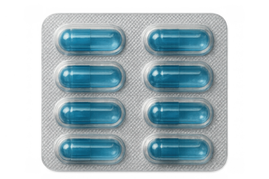 Blue medicinal capsules in a blister pack providing pharmaceutical treatment and healthcare, transparent background
