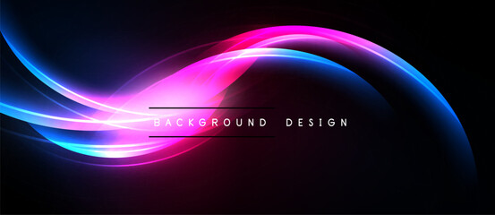 Abstract neon waves flow across dark background. Vibrant pink, blue hues create dynamic visual effect. Modern design element.