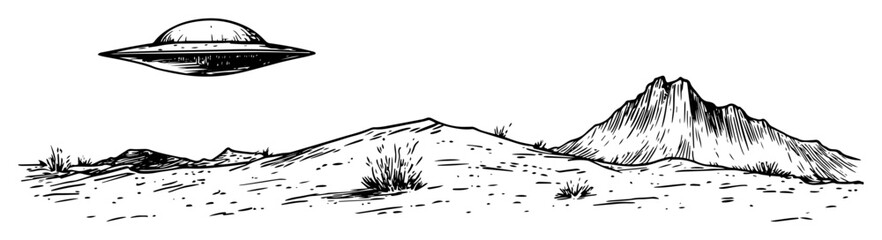 ufo over mountain landscape hand drawn sketch © Kaz