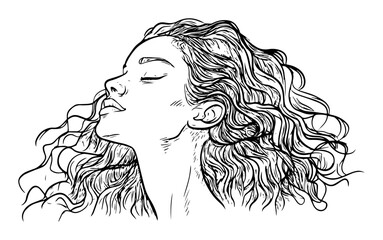 woman portrait with curly hair line art sketch