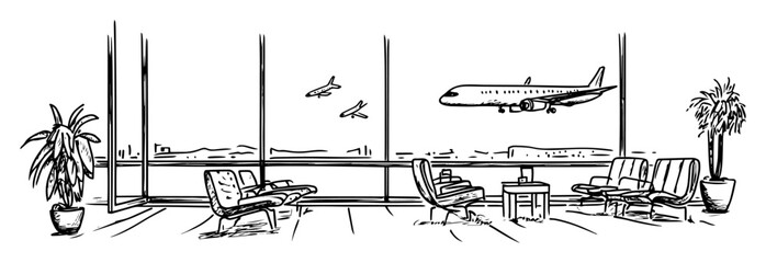 airport lounge interior with airplane sketch © Kaz