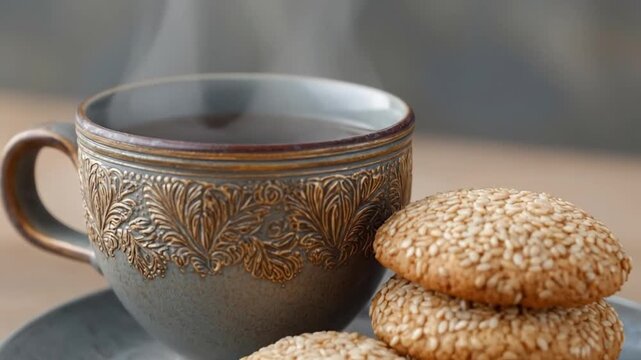 A beautifully detailed, ornate ceramic cup holds a steaming warm beverage, creating a serene and inviting atmosphere. Wisps of steam gently rise from the hot drink, suggesting a moment of peaceful rel