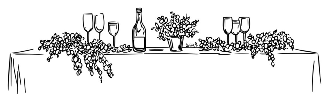 wedding table with wine and flowers hand drawn sketch