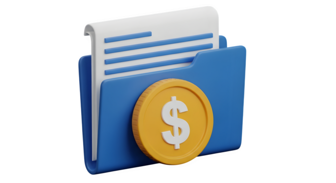 Financial document in a blue folder with a gold coin symbol.