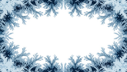 Frosty blue frame with delicate snowflakes on white background  