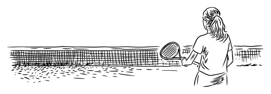 tennis player woman on court hand drawn sketch