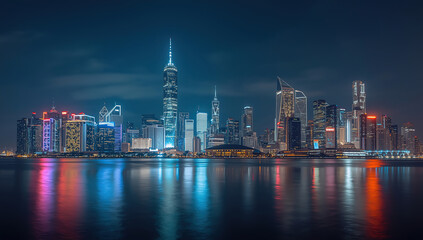 Fototapeta premium Cityscape photograph capturing a vivid urban skyline illuminated at night. A diverse range of skyscrapers with glowing windows and colorful architectural lighting stand against a sky