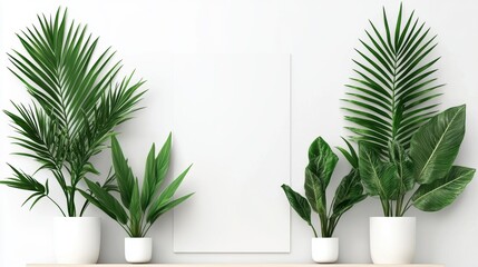 Fototapeta premium A white wall with two potted plants and a blank canvas.