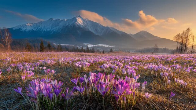 Stunning spring landscape with blooming crocus flowers and snow-capped mountains at sunset