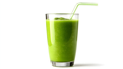Delicious and nutritious green smoothie in a glass with a straw, ready to drink, isolated on white background