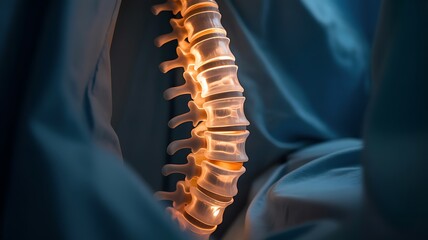 Closeup of a human spine model with glowing vertebrae