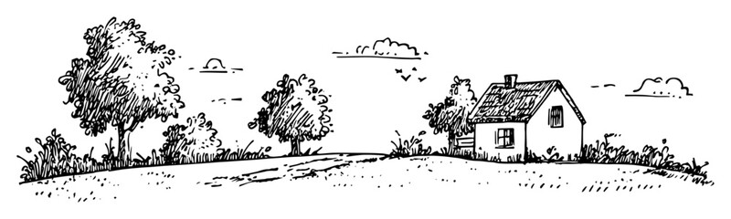 countryside house with trees sketch