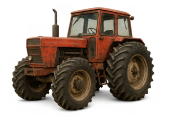 Red vintage tractor working in agriculture, farming, and harvesting fields. Transparent background