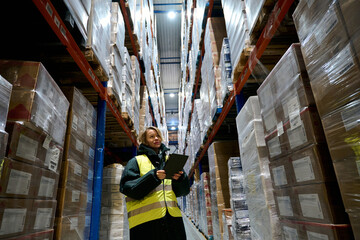Woman worker checking inventory in cold storage warehouse