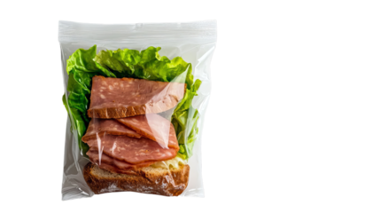PNF of A sandwich with lettuce and slices of ham, packed in a clear ziplock bag for freshness.