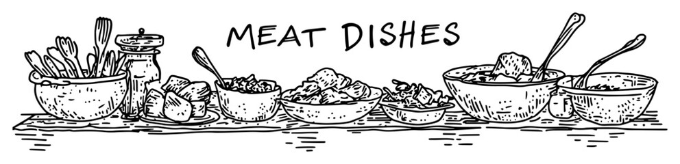 meat dishes food sketch with text