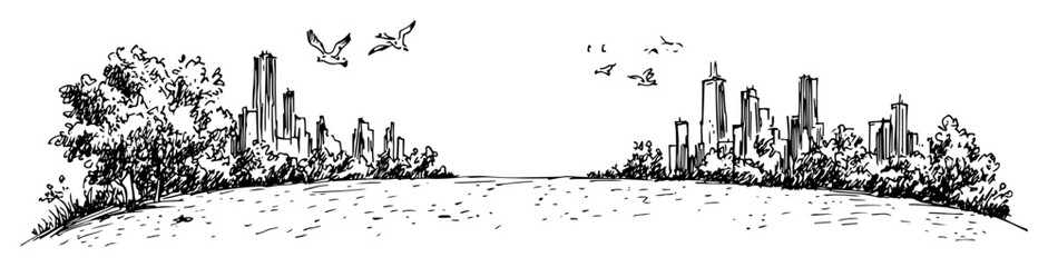 city skyline with trees and flying birds sketch © Kaz