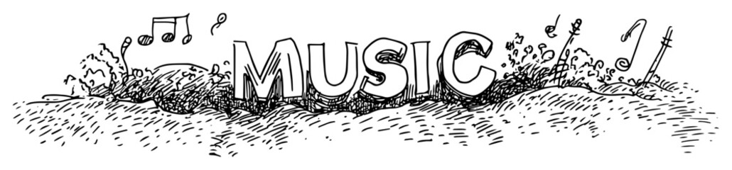 music themed sketch with notes and plants