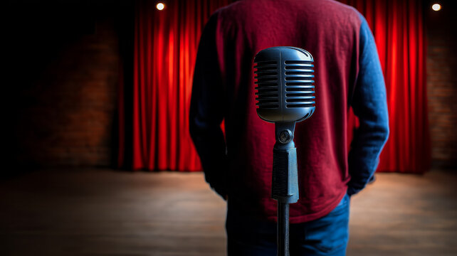 An actor stands on stage with his back to a vintage microphone and his back to the audience, preparation for a performance or advertising for a stand-up comedy show