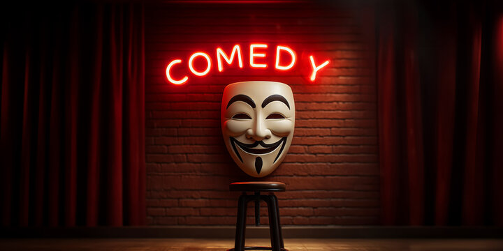 A satyr mask on a stool and a neon sign on a brick wall, "comedy," an invitation or advertisement for an evening show at the theater