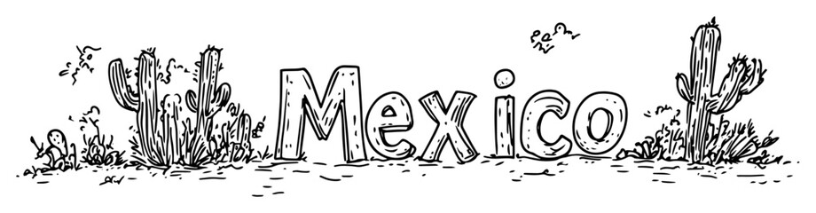 mexico typography with desert plants sketch