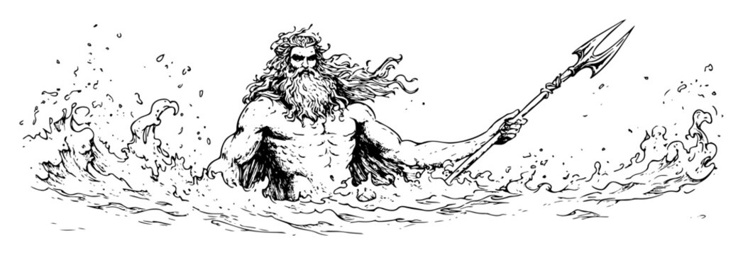 sea god with trident rising from ocean sketch