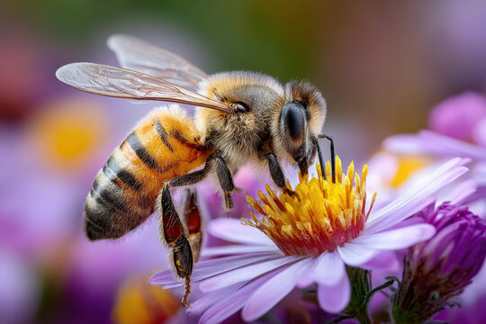 Honeybee Pollinating Purple Aster Flower Close Up - Powered by Adobe
