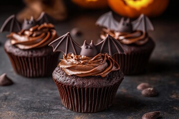 Chocolate cupcakes decorated with small bat toppers sit on a dark rustic surface. The scene conveys Halloween festivity, sweetness and playful seasonal creativity.