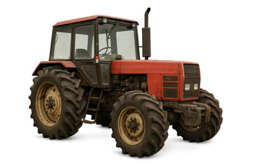 Obraz premium Rural red tractor preparing for agricultural work, farming machinery with large wheels and transparent background