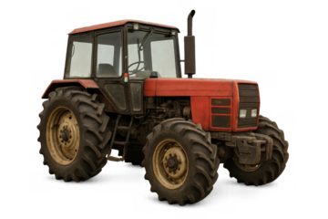 Rural red tractor preparing for agricultural work, farming machinery with large wheels and transparent background