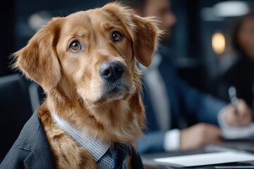 Curious golden retriever in a suit at a business meeting with professionals