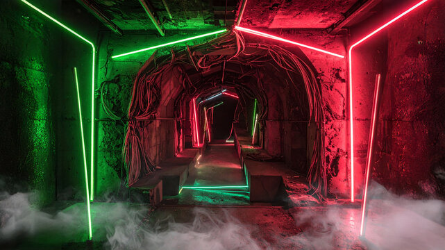 Dark underground bunker tunnel with hanging wires and messy cables. Illuminated by contrasting green and red neon lights with floor fog. Represents dystopian sci-fi and horror gaming background.