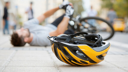 close up of a yellow bike helmet lying on the pavement with a fallen cyclist blurred in the background after an accident in the city