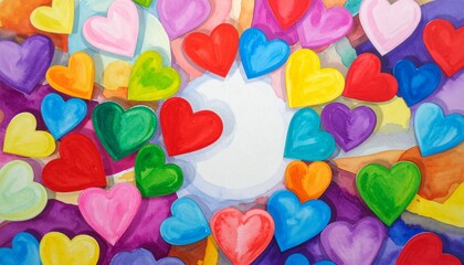 Abstract Rainbow Watercolor Heart Pattern Background with Blank Center Copy Space
