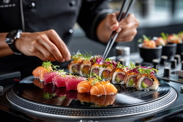 Sushi chef artfully preparing colorful sushi platter at upscale restaurant during evening hours