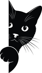 Black cat peeking around corner illustration on white background