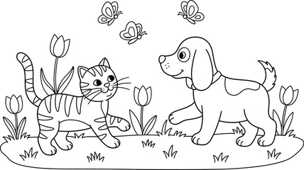 Cartoon cat and dog friends in a field coloring page illustration